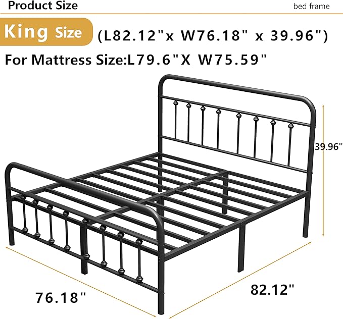 Vengarus 14-Inch King Bed Frame – Classic Metal Platform with Headboard and Footboard,Under Bed Storage, Mattress Foundation, No Box Spring Needed,Black