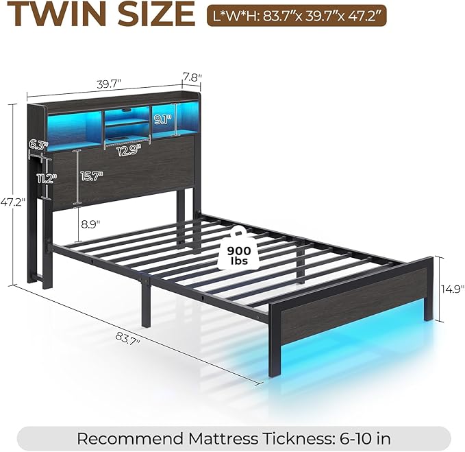 Rolanstar Twin Bed Frame with Storage Headboard & Side Shelf, Metal Platform Bed with Charging Station, LED Single Bed, No Box Spring Needed, Easy Assembly, Black