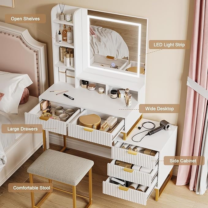 GarveeHome Makeup Vanity Desk with Mirror and Lights, Vanity Table with 5 Drawers, Vanity Set with Stool and Removable Side Storage Cabinet for Bedroom, White & Gold