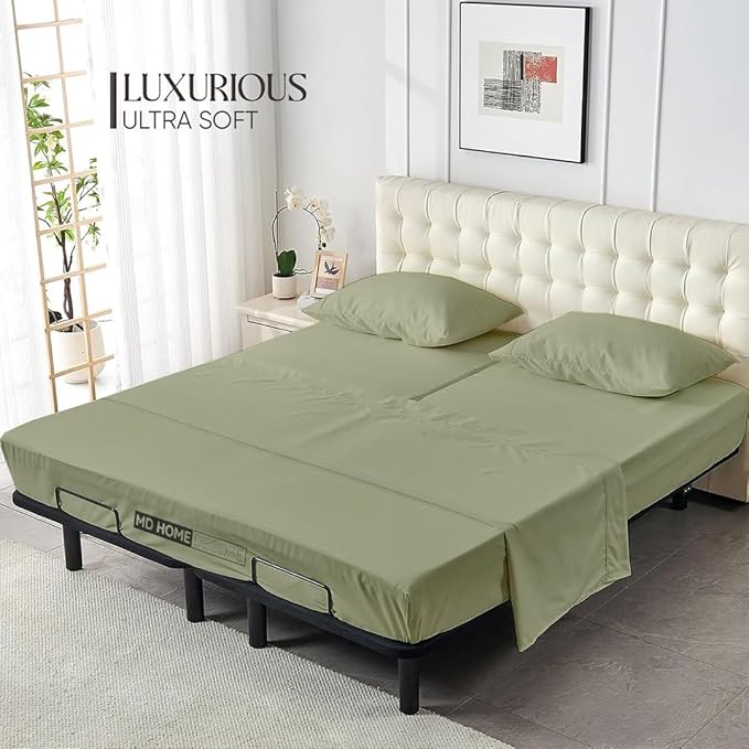 4 Piece Split Head Flex Sheet Set, 34" Top Split King Sheets for Adjustable Beds, 100% Egyptian Cotton, 16 Inch Deep Pocket, Soft Durable Breathable Sheets, Sage Solid, Ideal for Adjustable Beds