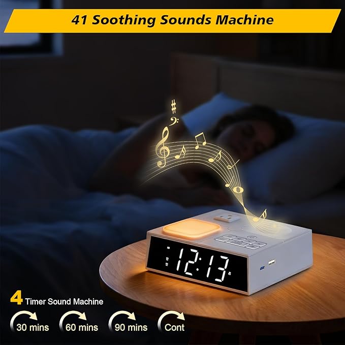 Kungfuking Sound Machine Alarm Clock with 41 White Noise Sounds, 2 USB Chargers Power Strip, Large Dimmable Display Dual Timer Clocks for Bedroom Dorm Hotel Room
