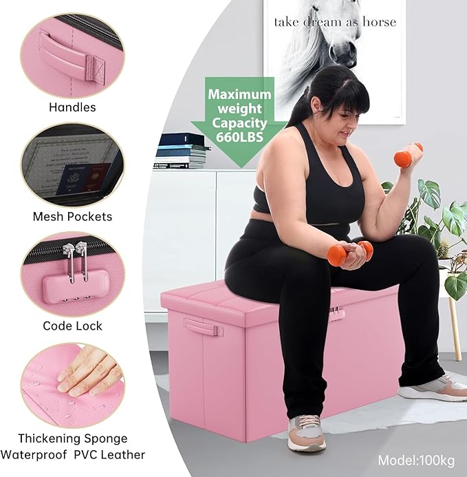 DocSafe Storage Ottoman Bench with Lock,Fireproof 30 Inches Folding Bench Foot Rest Stool Storage Chest Safe for Living Room,Bedroom,Home Office,Waterproof Leather Ottoman with Handles,Pink