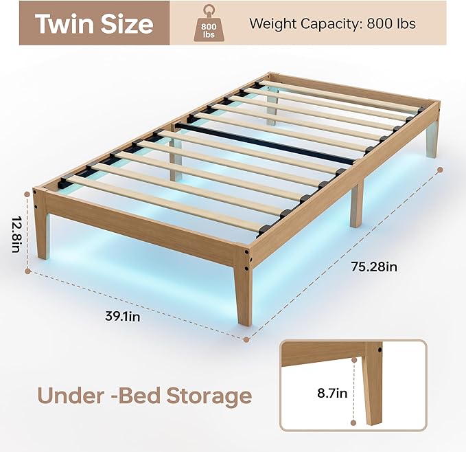 Tyndall Twin Size Bed Frame with LED Lights, 12 Inch Natural Finish Solid Wood Platform Bed Frame with Wooden Slats Support, No Box Spring Needed, Noise Free, Easy Assembly