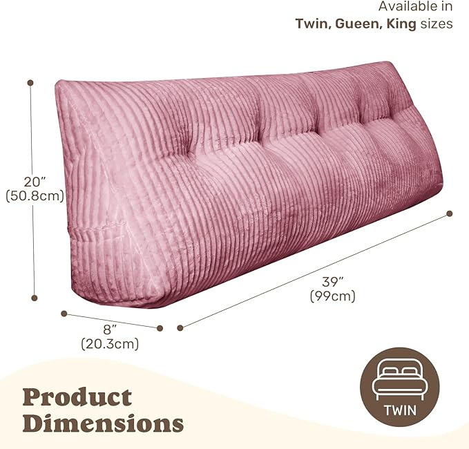 Deodar Headboard Pillow Twin, Wedge Pillows Headboard Triangle Reading Back Pillow with Removable Cover for Dorm Gaming Sleeping TV, Pink