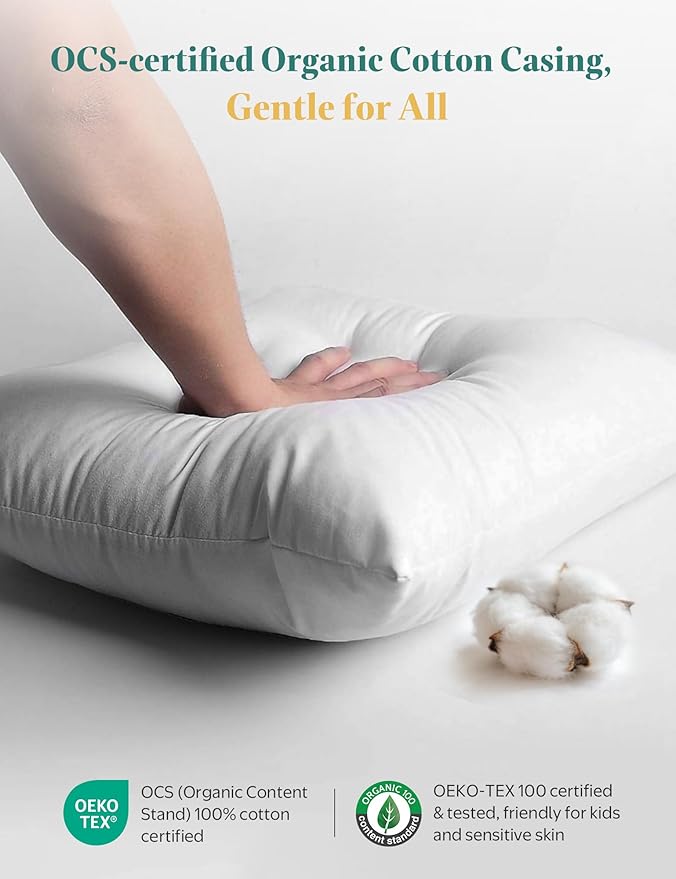 APSMILE Organic Cotton Goose Feather Down Plus Throw Pillow Inserts, 16x16 Inch Set of 2, Soft Supportive Square Decorative Pillow Forms for Couch, Sofa, Bed
