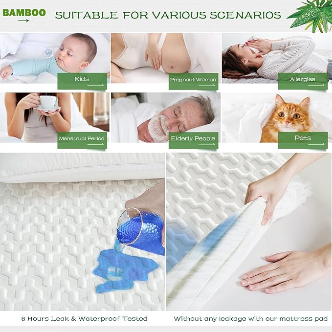 GRT Waterproof Rayon Bamboo Mattress Protector Queen Size - 3D Air Fiber Mattress Protector Cover, Cooling Mattress Pad Breathable Ultra Soft Noiseless 8''-21'' Deep Pocket Machine Washable