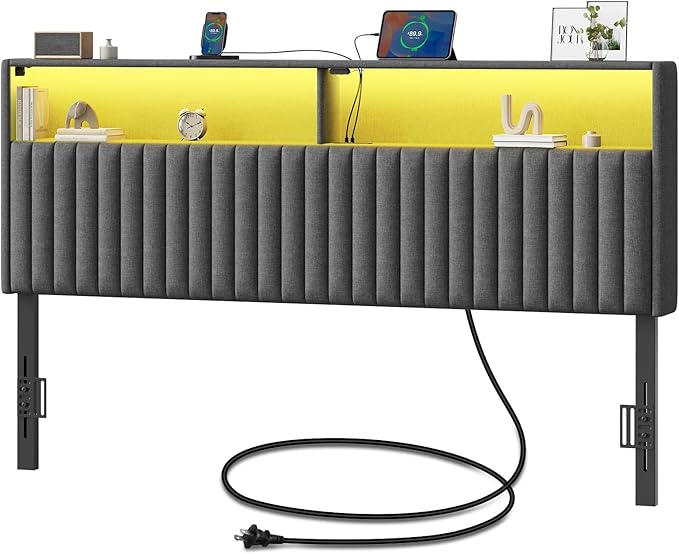 Rolanstar Headboard for King Size Bed with Storage, Head Board with USB & Type C Port, 60,000 DIY Color of LED Light, Velvet Upholstered, Height Adjustable, Sturdy, Easy Assembly, Grey