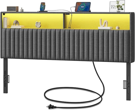 Rolanstar Headboard for King Size Bed with Storage, Head Board with USB & Type C Port, 60,000 DIY Color of LED Light, Velvet Upholstered, Height Adjustable, Sturdy, Easy Assembly, Grey