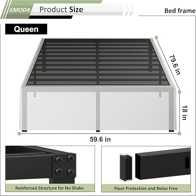 EMODA Queen Bed Frame with White Cover No Box Spring Needed, 18 Inch Heavy Duty Metal Platform BedFrame Queen Size with Steel Slats, Easy Assembly