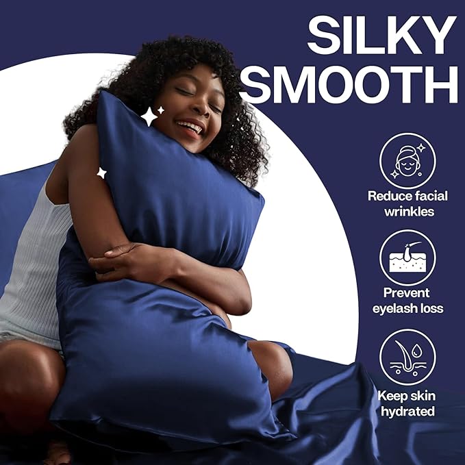 MR&HM Satin Pillowcase for Hair and Skin, Silk Satin Pillowcase 2 Pack, King Size Pillow Cases Set of 2, Silky Pillow Cover with Envelope Closure (20x40, Navy Blue)