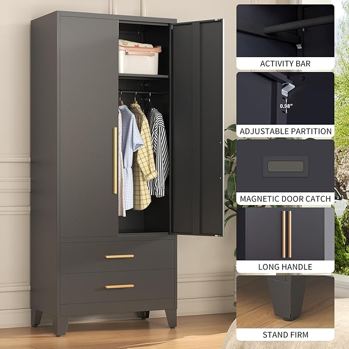 75.3" Tall Metal Wardrobe Closet - Large Clothing Storage Cabinet with 1 Hanging Rod, 1 Adjustable Shelve, 2 Drawers & 2 Doors - Closet Organizer for Bedroom, Office, Laundry Room, Garage - Black