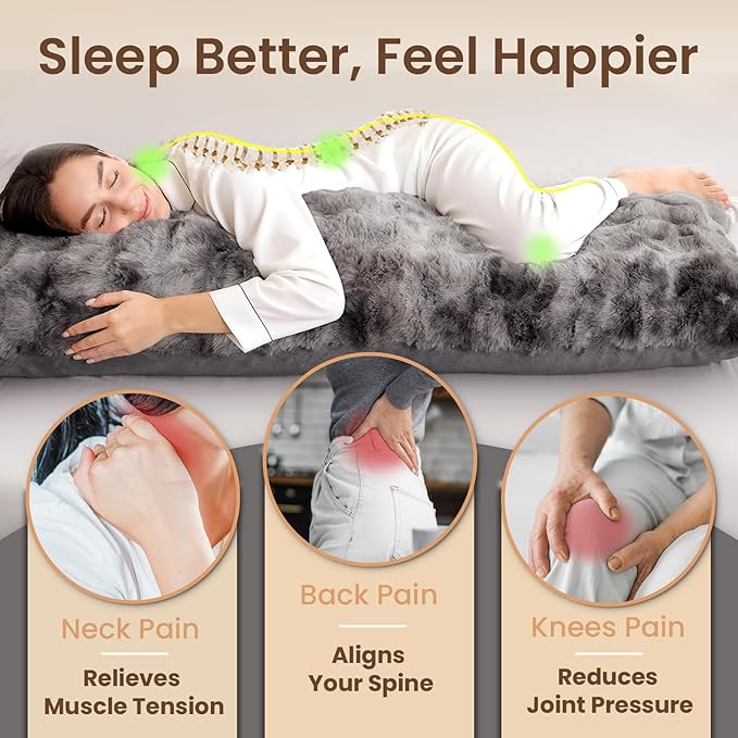 ZonLi Fluffy Body Pillow for Adults, Fuzzy Faux Fur Body Pillow with Shredded Memory Foam, Adjustable Support for Side Sleepers, Pregnancy & Bedding Decor, Gifts, 20 x 54 Inch, Grey