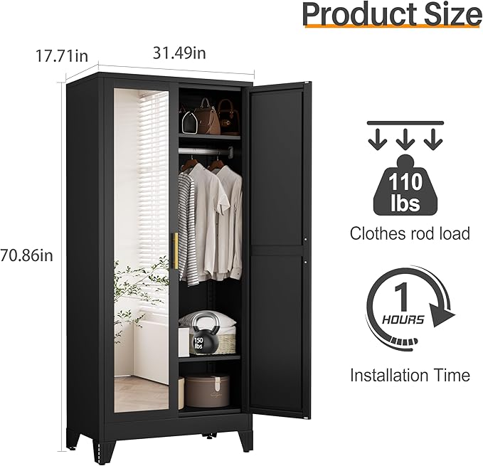 RIETERN Metal Armoire Wardrobe Closet, 71" Tall Bedroom Closet with Mirror, Adjustable Shelves, and Hanging Rod, Steel Clothes Closets and Storage, for Bedroom Black
