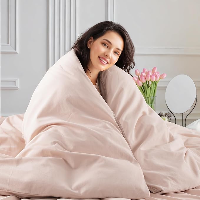 NEXHOME PRO Duvet Cover Set King Size Linen Look Textured Organic Natural 100% Washed Cotton Duvet Cover Greyish Light Pink 3 Pieces Bedding Set with Zipper Closure, Breathable (No Comforter)
