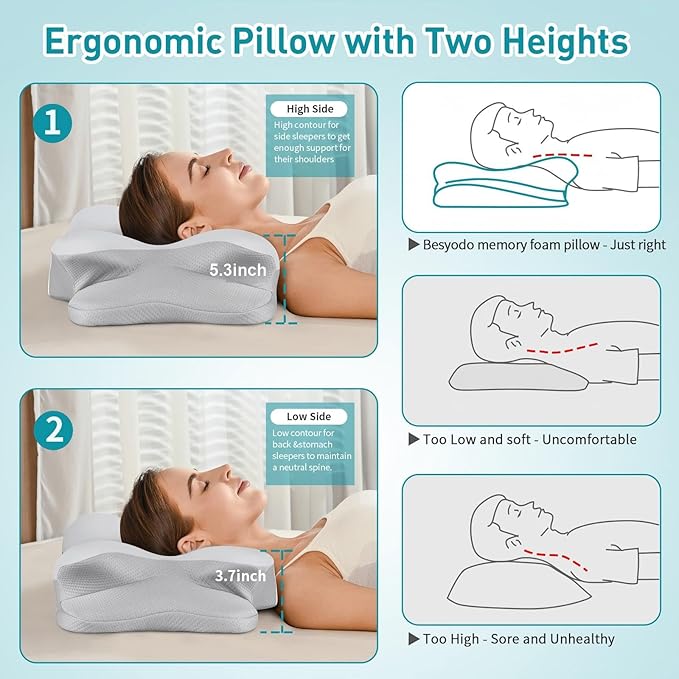 Besyodo Cervical Neck Pillow for Pain Relief - Ergonomic Memory Foam Pillow for Sleeping, Contour Side Sleeper Pillow for Neck Support, Cooling Orthopedic Pillow Bed Pillow for Back Stomach Sleepers