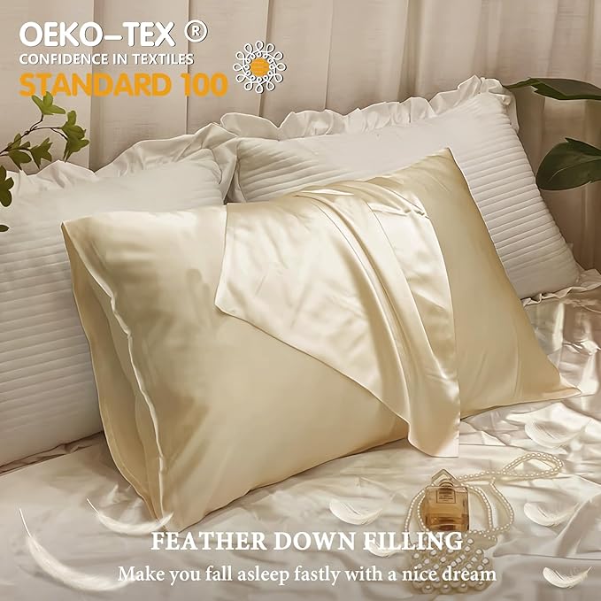 BHZ Beige Satin Goose Down Feather Pillows Queen Size with Pillowcase for Hair and Skin, Cooling Pillow Cases Similar to Silk Pillow Cases, Decorative for Women, Mom Men