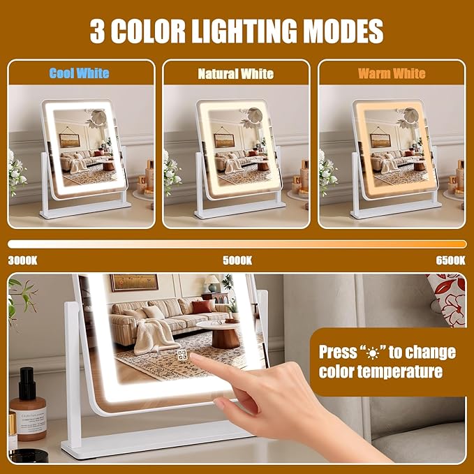 Vanity Mirror with Lights, 15"×12.2" Large LED Makeup Mirror with Light, HD Mirror, Smart Touch with 3-Color Lighting, Dimmable, 360° Rotation, Lighted Up for Vanity Desk Tabletop, Bedroom (White)