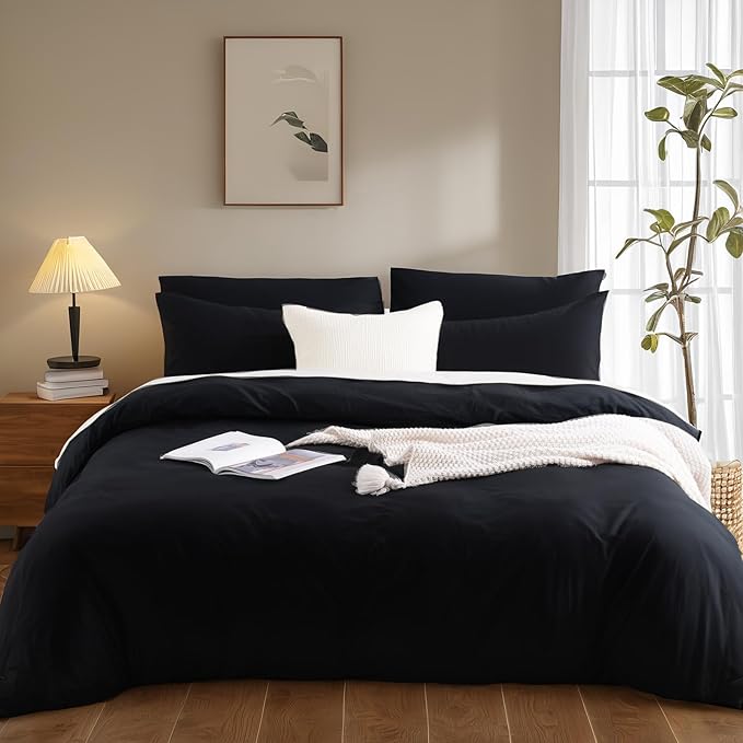 NEXHOME PRO Full Duvet Cover Set – 100% Certified Organic Cotton with Washed Feel & Linen-Like Texture, Comfortable & Breathable, Home Bedding Set Black (No Comforter)