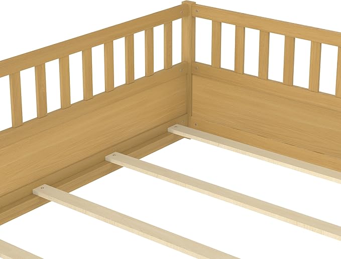 Bellemave Full Size Floor Bed with Slats and Door, Full Size Montessori Floor Bed with Rails, Easy Assemble Montessori Beds Frame for Bedroom, Natural