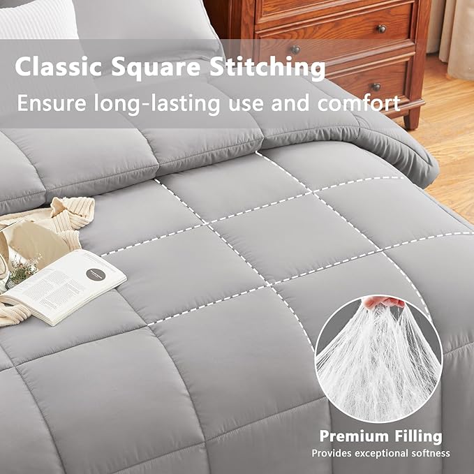 CozyLux Full Size Comforter Sets - 270GSM French Grey Bedding Sets for All Seasons, 3 Pieces Box Stitched Bed Set with 1 Down Alternative Comforter and 2 Pillow Shams, Soft, Lightweight, Breathable