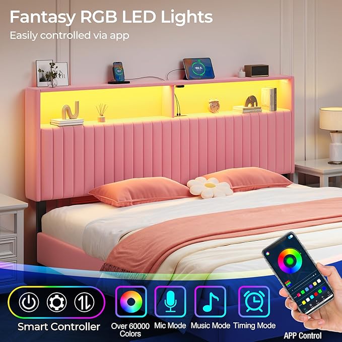 Rolanstar Headboard for King Size Bed with Storage, Head Board with USB & Type C Port, 60,000 DIY Color of LED Light, Velvet Upholstered, Height Adjustable, Sturdy, Easy Assembly, Pink