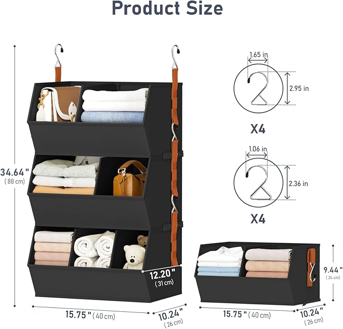DIMJ Hanging Closet Organizer Extra Large, Clothes Hanging Shelves for Closet with Divider, Collapsible Closet Storage System, Fabric Storage Bins for Home, Black, 15.75 × 12.20 × 9.44, 3 Pack
