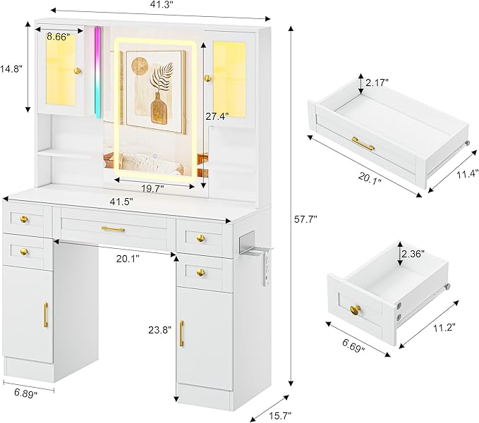 KAMABOKO Vanity Desk with Mirror and Lights, Makeup Vanity Table with Drawers & Shelves, Power Outlet, Dressing Table with Jewelry Storage for Bedroom (049 White)
