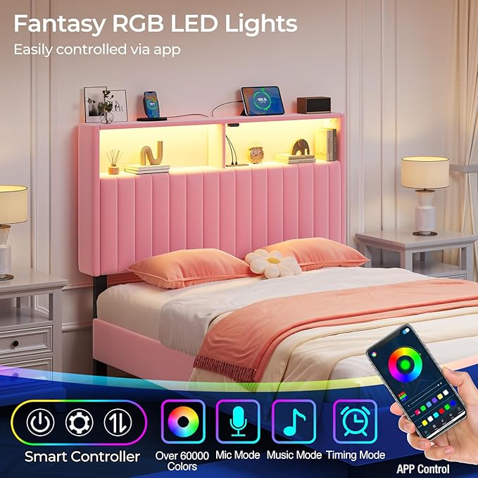 Rolanstar Headboard for Twin Size Bed with Storage, Head Board with USB & Type C Port, 60,000 DIY Color of LED Light, Velvet Upholstered, Height Adjustable, Sturdy, Easy Assembly, Pink
