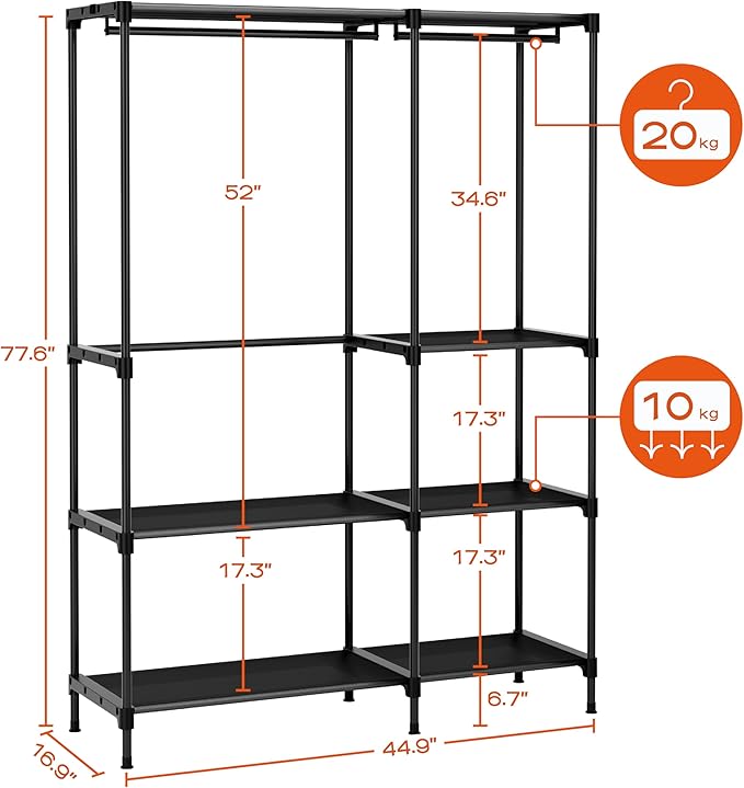 CASAMAYA Clothes Rack, Portable Closet, 44.9 Inch Large Capacity Wardrobe Closet, Clothes Storage Organizer with Shelves and 2 Hanging Rods, Easy to Assembly, Black PCT021B01