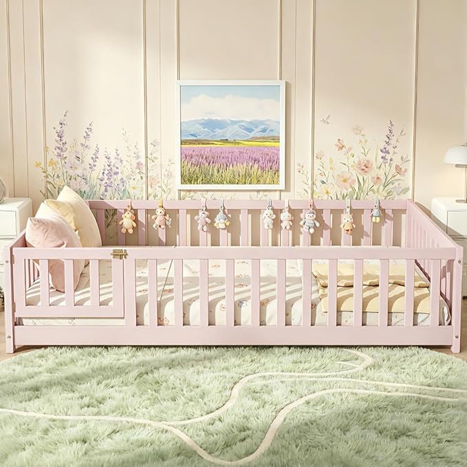 Bellemave Full Size Montessori Floor Bed Frame with Rails & Door, Solid Wood Kids Floor Bed Full with Removable Slats, Low Profile Montessori Bed for Children’s Sleep & Play, Pink