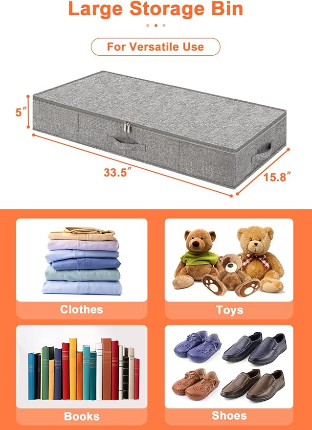 punemi 5 inches High Low Profile Under Bed Storage, Underbed Storage Containers With Sturdy Sidewalls & Bottom, Slim Under Couch Sofa Storage, Shallow Clothes Storage Bins, 2Pack, Grey