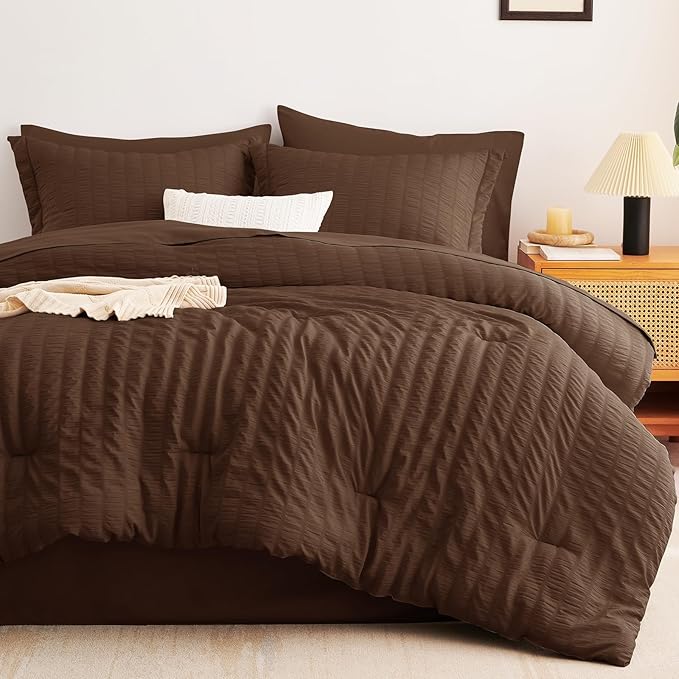 CozyLux Twin Comforter Set with Sheets 5 Pieces, Brown Seersucker Textured Bed in a Bag for Bedroom, Luxury Soft Bedding Sets with Down Alternative Comforter, Sheets, Pillowcase & Sham for All Seasons