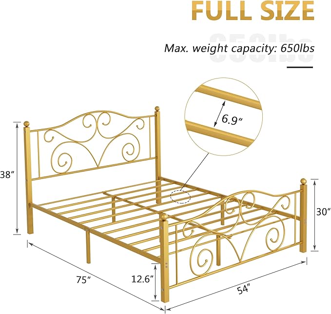 VECELO Full Size Bed Frame with Headboard and Footboard, Heavy Duty Metal Slat Support, Platform Mattress Foundation, No Box Spring Needed, Easy Assembly, Gold