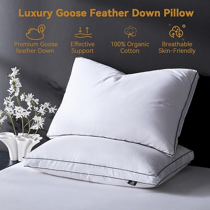 L LOVSOUL Goose Feather Down Pillow Queen Size of 2,Ultra Soft 100% Organic Cotton Fabric, 700TC,800 Fill Power, Luxury Hotel Collection Bed Gusseted Pillows for Back, Stomach or Side Sleepers