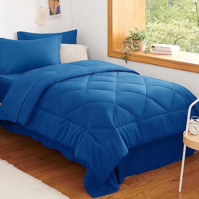 CozyLux Twin XL Comforter Set Classic Blue - 5 Pieces Twin Extra Long Bed in a Bag for College Dorm, All Season Bedding Set for Girls and Boys, Soft Bed Set with Comforter, Sheets, Pillowcase & Sham