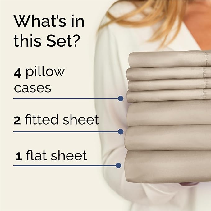 Split King 7 Piece Sheet Set - Comfy Breathable & Cooling - Hotel Luxury Bedding for Women, Men, Kids, Teens & Children - 1 Flat & 2 Fitted Sheets & 4 Pillowcases w/ Deep Pockets, Wrinkle Free- Wheat