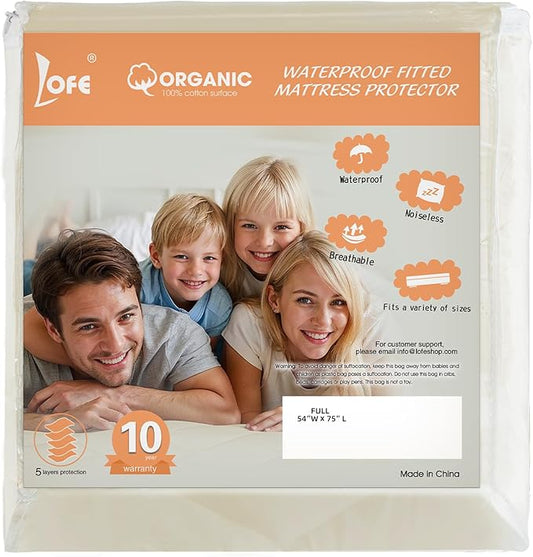 Organic Cotton Full Mattress Protector - Top&Side 100% Waterproof Mattress Protector, Breathable Organic Mattress Protectors, Noiseless Full Mattress Protectors Waterproof 75x54x17 in