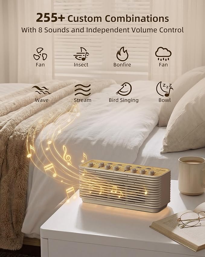 Sound Machine, White Noise Machine for Sleeping, 255+ Sound Combinations, Rechargeable, Breathing Light, Bluetooth Speaker, Sleep Timer, Bedroom Living Room Home Office Travel, for Baby Kids Adults