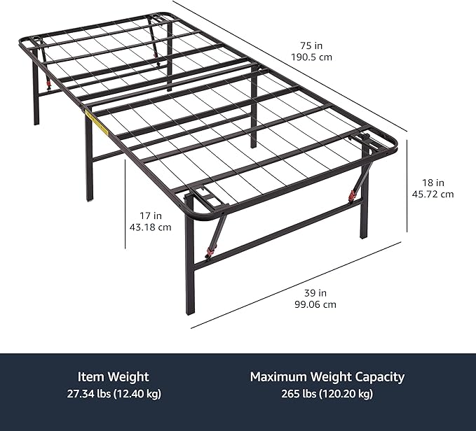Amazon Basics Foldable Metal Platform Bed Frame, Noise-Free Mattress Foundation with Tool-Free Assembly, 18 Inches High, Sturdy Steel Frame, No Box Spring Needed, Twin Size, Black