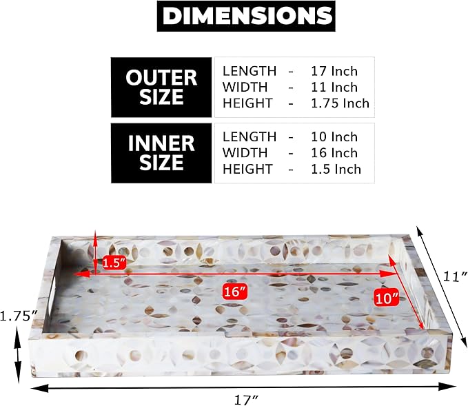 Handicrafts Home 17x11 Decorative Tray, Rectangular Ottoman Coffee Table Tray, Serving Tray, Gift Tray, Mother of Pearl Resin Inlay Wood Tray with Handles for Living Room Dining Centerpiece Display
