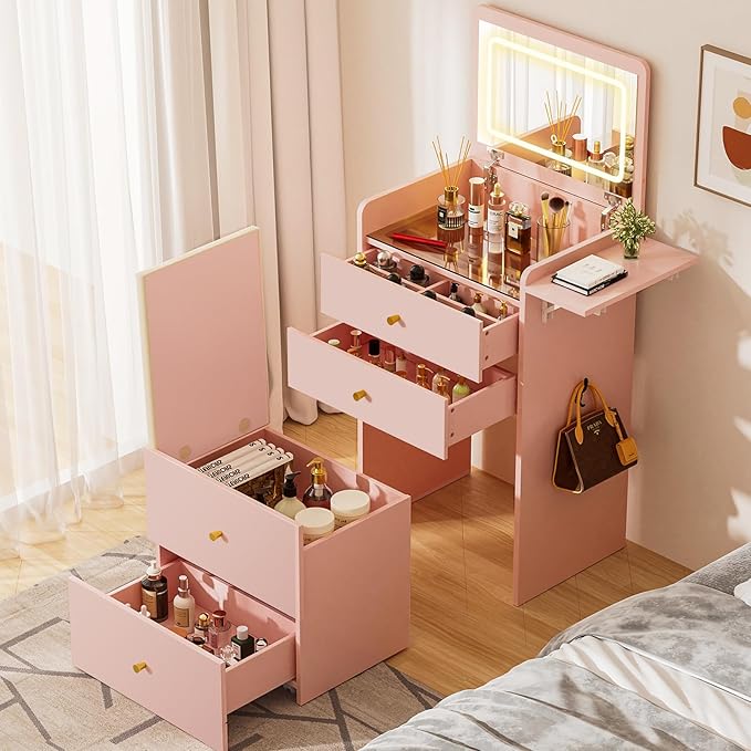 COMHOMA Makeup Vanity Desk with Mirror and Lights, Small 3 in 1 Vanity Table with Visible Glass Top, Flip Top & 3 Drawers, Compact Dresser with Storage Stool for Bedroom, Office or Nightstand
