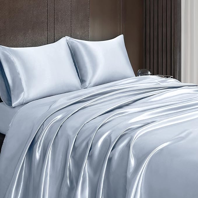 Homiest 4pcs Satin Sheets Set Luxury Silky Satin Bedding Set with Deep Pocket, 1 Fitted Sheet + 1 Flat Sheet + 2 Pillowcases (Queen Size, Baby Blue)