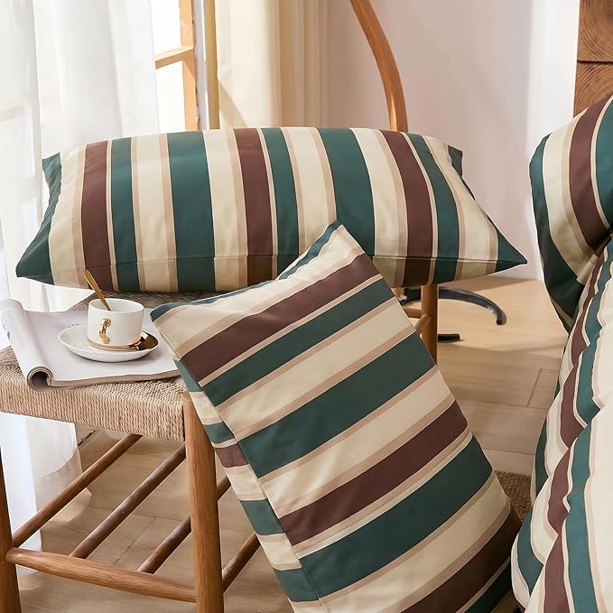 Merryword 100% Cotton Pillow Cases, Standard Size Pillowcases, Green Striped Pillowcases, Luxury Linen Like Pillowcase, Soft Breathable Cabana Stripes Pillow Covers, Set of 2