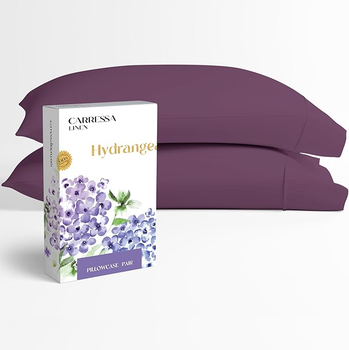 Carressa Linen 100% Egyptian Cotton King Size Pillow Cases Set of 2 - Luxury 600 Series Hydrangeas Collection King Pillowcases (Plum), Soft Cooling, Sateen Weave Hotel Quality Bed Pillow Cover