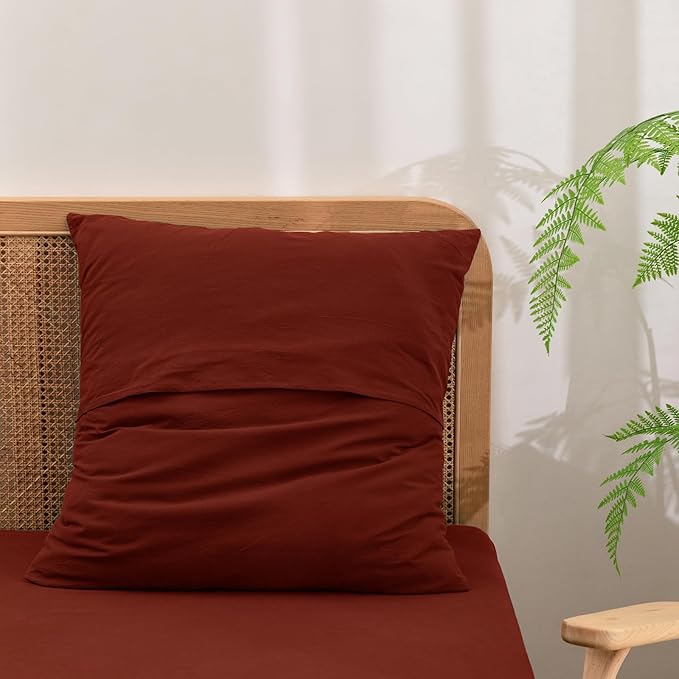 BESTOUCH 100% Washed Cotton Pillowcase for Hair and Skin Linen Feel Soft Comfortable Breathable 2 Set Pillow Case with Envelope Closure Solid Fired Brick Red Euro 26x26 Inches