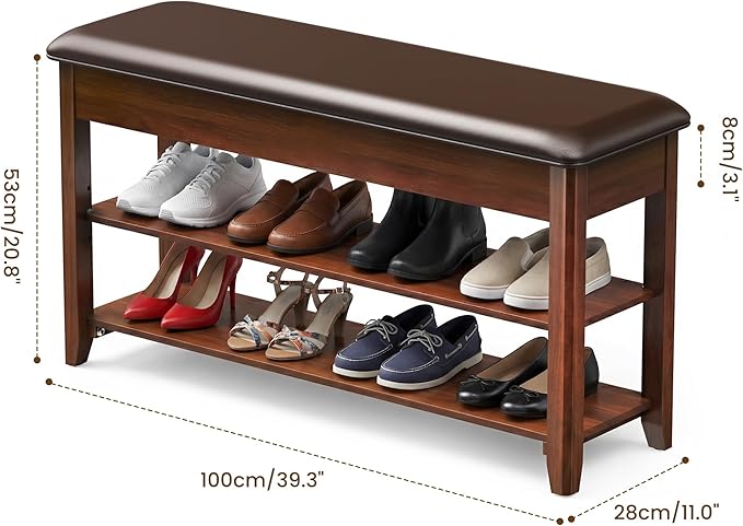 LBT Shoe Bench with Storage, Solid Rubberwood Shoe Storage Bench with Cushion, 2-Tier Shoe Rack for Entryway, Shoe Rack Bench with Deep Hidden Compartment and Stay-Open Hinge, 550lb Capacity Walnut