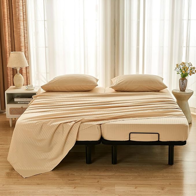 Kingnex Striped Split California King Sheets Sets for Adjustable Bed with Deep Pocket 5 Pieces Include 2 Cali Twin XL Fitted Sheets 1 Flat Sheet 2 King Size Pillowcases Beige