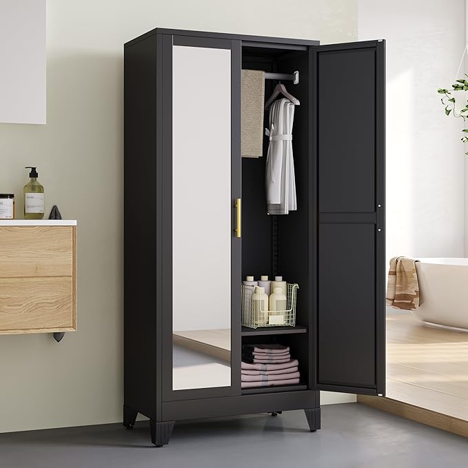 71" Metal Armoire Wardrobe Closet, Steel Clothing Storage Cabinet with Mirror and Adjustable Shelves, Household Steel Wardrobes Storage Cabinet with Adjustable Standing Feet and Hanging Rod（Black）