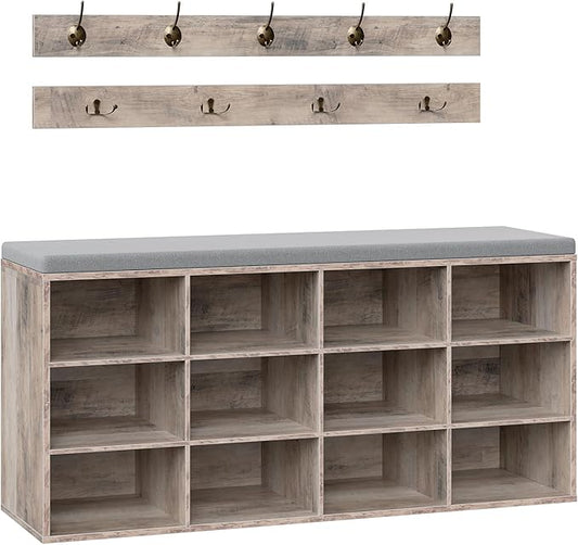HOOBRO Shoe Storage Bench with Cushion, 39.4" L Entryway Bench with 12 Cubbies, Entryway Hall Tree with Storage, Shoe Cabinet with Coat Rack for Bedroom, Hallway, Holds up to 330 lb, Gray GY112HX01