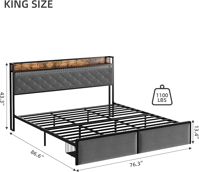 IDEALHOUSE King Size Bed Frame with Storage Headboard and 2 Drawers, Platform Metal King Bed Frame with LED Lights and Charging Station, Noise Free, No Box Spring Needed, Grey